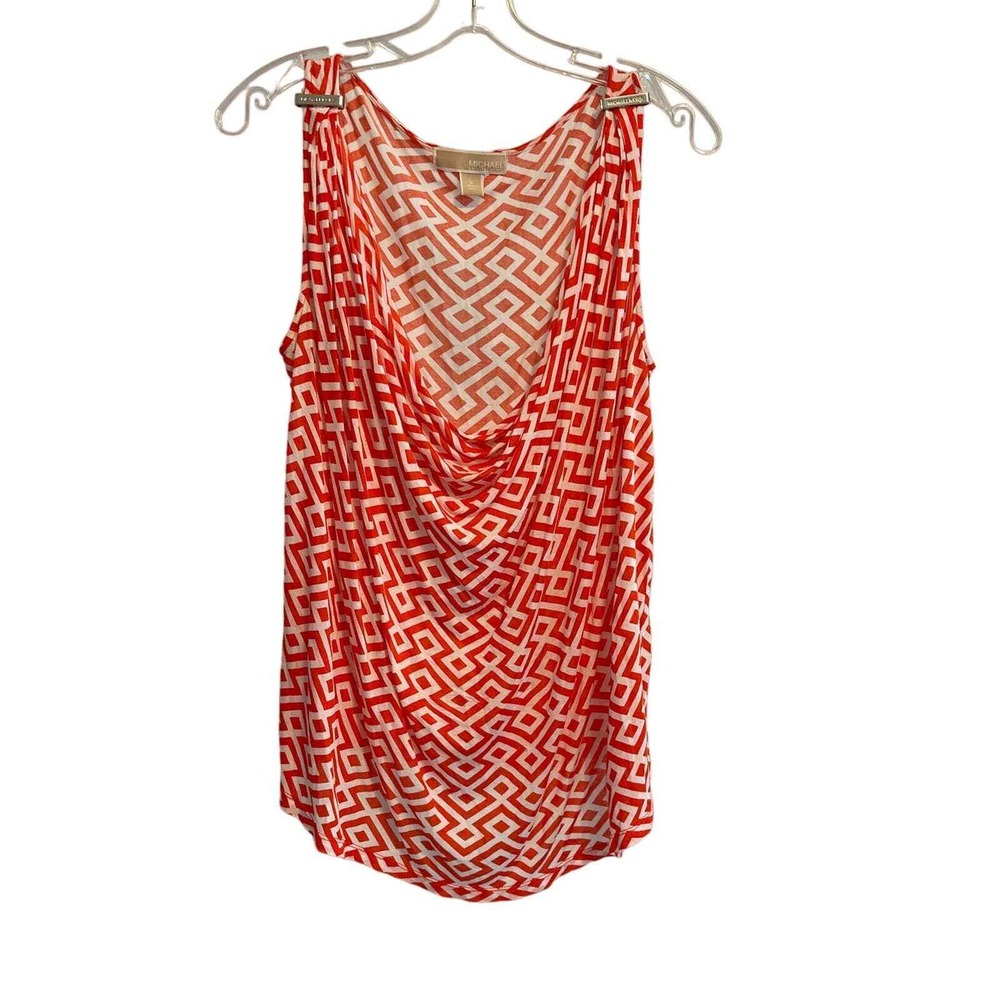 Michael Kors Women Orange Geometric Greek Key Cowl Neck Tank Top Size L